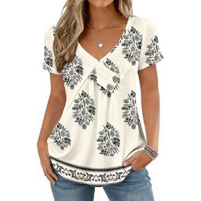 Womens Short Sleeve Summer Tops Button V Neck Tunic Shirts Dressy Casual Loose Fit Outfits in Kuwait