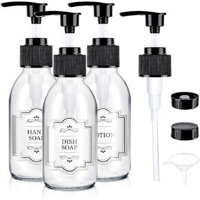 4 oz Amber Glass Pump Bottle, 125ml Small Lotion Dispenser Bottle for Body Massage Oil, Refillable Empty Hand and Dish Soap Dispensers Set with Storage Caps, Labels - 3 Pack in Saudi Arabia