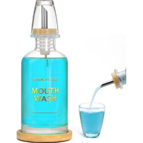 Mouthwash Dispenser for Bathroom 11.8oz – Glass Mouthwash Bottle with Cup & Bamboo Tray, Gold Hot-Stamped Lettering, Silicone Base, Modern Bathroom Accessory (Black) in Saudi Arabia