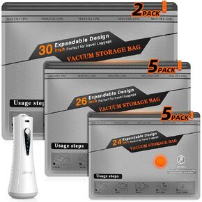 أكياس تخزين مفرغة للسفر مع مضخة هواء قابلة لإعادة الشحن، 12 حقيبة موفرة للمساحة للملابس والأمتعة وحقائب السفر، حل تخزين فعال ومحمول لأساسيات السفر in Kuwait