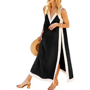 Hooever Women's 2 Piece Dress Sets Color Block Sleeveless V Neck Maxi Dress Matching Shorts with Pockets in Kuwait