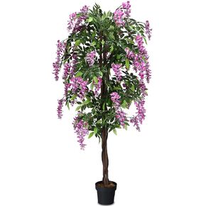 Artificial Wisteria Tree 6ft, Purple Red Wisteria w/Pot, Flowers, 2 Trunks, 1260 Leaves, Tall Artificial Trees Potted Plants for Outdoors, Home, Office, Garden, Living Room in Kuwait