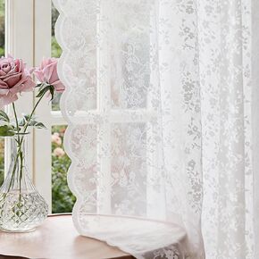 Anmao ستائر دانتيل شفافة بطول 84 بوصة - لوحات فوال رومانسية شبه شفافة على شكل زهور لغرفة المعيشة وغرفة النوم، ستائر تصفية للضوء بجيب قضيب، مجموعة من لوحتين (52 بوصة عرض × 84 بوصة طول)، أبيض in Kuwait