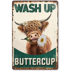 Highland Cow Bathroom Sign - Vintage "Wash Up Buttercup" Wall Art, Rustic Farmhouse & Cottagecore Decor, Cute Gifts 8x12 Inch (2906) in Kuwait