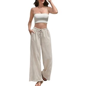 Womens Wide Leg Palazzo Pants Summer Flowy Pants Drawstring Elastic Beach Lounge Casual Trousers with Pockets in Saudi Arabia