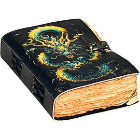 التنين الغامض - مجلة جلدية ذات حافة عتيقة مصنوعة يدويًا مع غطاء تنين منقوش وإغلاق قفل - مذكرات كتابة عتيقة، كتاب تعويذة خيالي، دفتر رسم، هدية للكتاب والفنانين in Kuwait