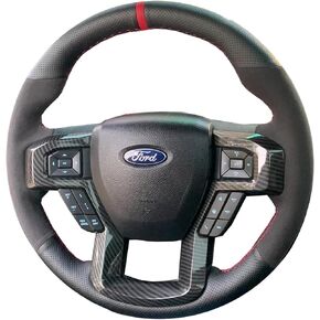 Black Perforated Leather & Suede Red Thread Auto DIY Steering Wheel Cover Hand-Stitch on Wrap Fit for Ford F150 Raptor 2016-2019 in Kuwait