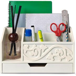 White Wooden Mail Organizer with Drawer, Three Tiered Desk Accessories for Office Organization and Storage, Stylish Countertop Document Storage, Home/Office/Classroom Supplies (White01) in Saudi Arabia