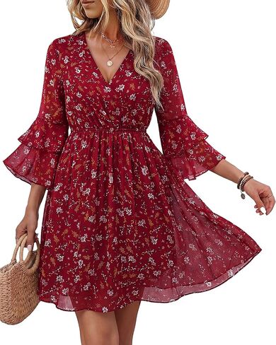Bebonnie Womens 3/4 Ruffle Sleeve Spring Summer Casual V Neck Flowy Chiffon Layers Dresses in Kuwait