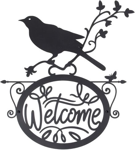 AIM & GGKK Welcome Sign Wall Decor - Black Metal Welcome Wall Art with Bird and Floral Design, Vintage Front Door Decoration for Porch, Entryway in Kuwait