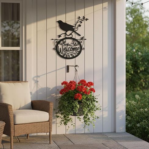 AIM & GGKK Welcome Sign Wall Decor - Black Metal Welcome Wall Art with Bird and Floral Design, Vintage Front Door Decoration for Porch, Entryway in Kuwait