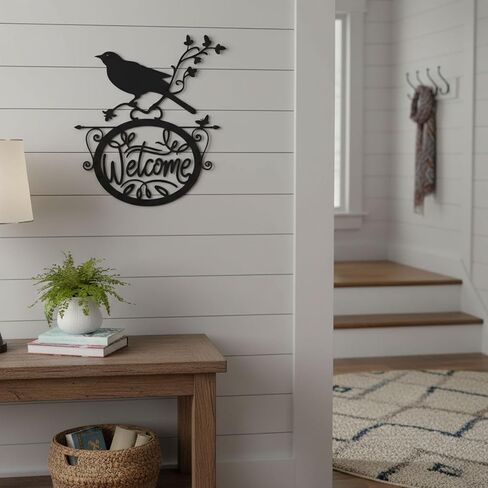 AIM & GGKK Welcome Sign Wall Decor - Black Metal Welcome Wall Art with Bird and Floral Design, Vintage Front Door Decoration for Porch, Entryway in Kuwait