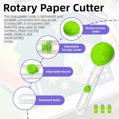 Circle Cutter, Craft Rotary Circle Cutter Compass Cut Paper Trimmer with 3 Replaceable Blades for Art and DIY Crafts, Cards Making Includes 50 Sheets of Cardstock, Cutting Mat and 2 Cutting Pens in Kuwait
