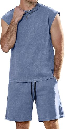 JEMLDL Men's 2 Piece Outfits Acid Wash Sleeveless Shirts and Shorts Track Suits Casual Summer Lounge Fashion Set in Kuwait