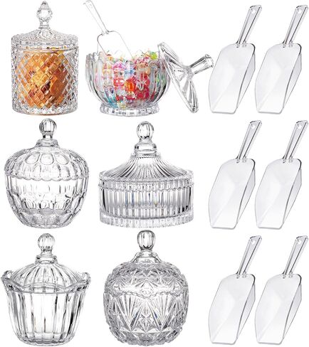 6 Sets Glass Apothecary Jars with Lids and Scoops 3 Styles Clear Candy Jars with Lids for Candy Buffets Candy Display Containers Bath Salt Container for Cookie Crafts Bathroom Kitchen Storage in Kuwait