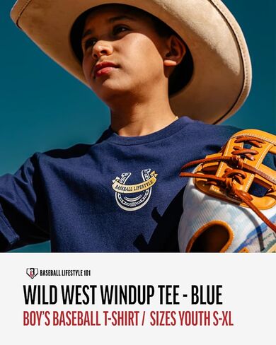 Baseball Lifestyle 101 Boy's Wild West Windup T-Shirt, Short Sleeve, Crew Neck, Youth Sizes S-XL in Kuwait