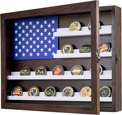 MyGift Solid Wood Wall Mounted Military Challenge Coin Holder Display with Vintage American Flag in Saudi Arabia