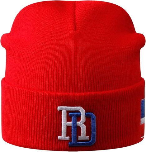 Red Dominican Republic Flag Embroidered Beanie for Men and Women, Soft Cotton Knit Winter Hat, Warm RD Pride Cuffed Skull Cap for Cold Weather in Saudi Arabia