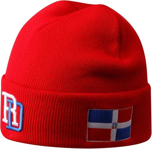 Red Dominican Republic Flag Embroidered Beanie for Men and Women, Soft Cotton Knit Winter Hat, Warm RD Pride Cuffed Skull Cap for Cold Weather in Saudi Arabia