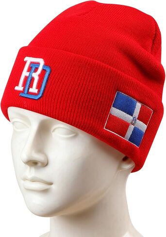 Red Dominican Republic Flag Embroidered Beanie for Men and Women, Soft Cotton Knit Winter Hat, Warm RD Pride Cuffed Skull Cap for Cold Weather in Saudi Arabia