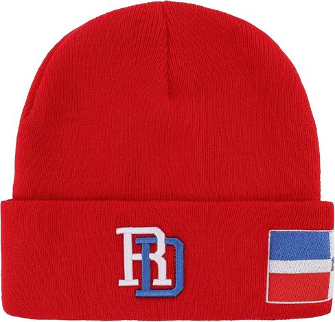 Red Dominican Republic Flag Embroidered Beanie for Men and Women, Soft Cotton Knit Winter Hat, Warm RD Pride Cuffed Skull Cap for Cold Weather in Saudi Arabia