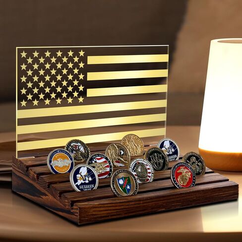 MyGift Solid Wood Wall Mounted Military Challenge Coin Holder Display with Vintage American Flag in Saudi Arabia