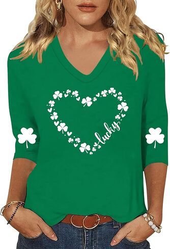 قميص نسائي لعيد القديس باتريك قمصان أيرلندية تي شيرت لاكي شامروك تي شيرت سانت باتي برقبة على شكل V 3/4 كم هدية تي شيرت in Kuwait
