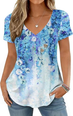 Womens Short Sleeve Summer Tops Button V Neck Tunic Shirts Dressy Casual Loose Fit Outfits in Saudi Arabia