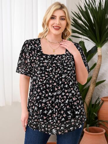 Amrto Plus Size Tops for Women Chiffon Blouses Square Neck Short Sleeve Fall Summer Business Casual Trendy(XL-5XL) in Kuwait