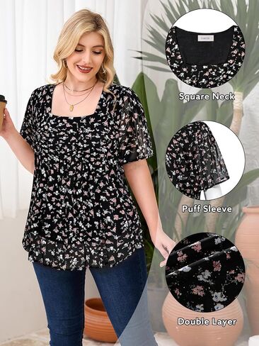 Amrto Plus Size Tops for Women Chiffon Blouses Square Neck Short Sleeve Fall Summer Business Casual Trendy(XL-5XL) in Kuwait