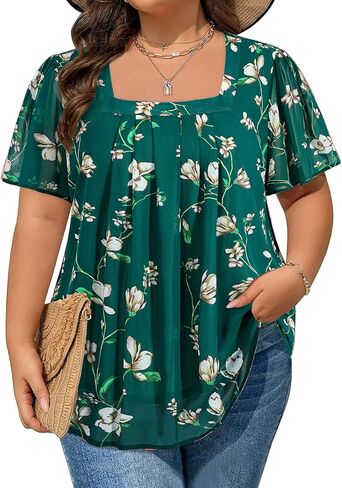 Amrto بلوزات مقاس كبير للنساء بلوزات شيفون برقبة مربعة وأكمام قصيرة للخريف والصيف كاجوال للأعمال العصرية (XL-5XL) in Kuwait