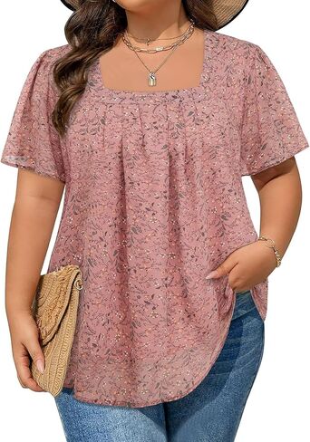 Amrto Plus Size Tops for Women Chiffon Blouses Square Neck Short Sleeve Fall Summer Business Casual Trendy(XL-5XL) in Kuwait