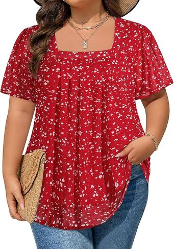 Amrto Plus Size Tops for Women Chiffon Blouses Square Neck Short Sleeve Fall Summer Business Casual Trendy(XL-5XL) in Kuwait