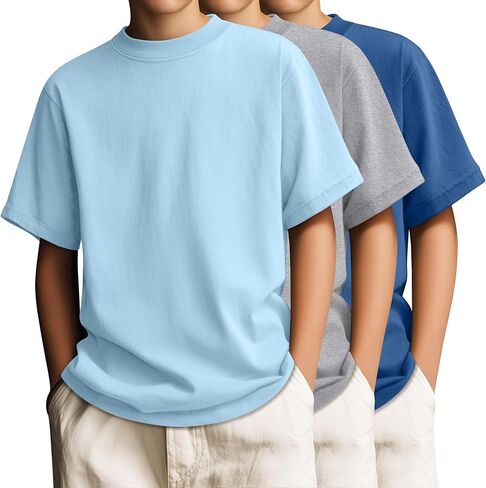 3 Pack Boys' T-Shirts Short Sleeve Crew Neck Kids Shirts Loose Fit Teen Basic Soft Plain Tees in Saudi Arabia