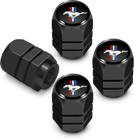 iPick Image for Ford Mustang Tri-Bar in Black on Black Hexagon Shape Aluminum Tire Valve Stem Caps - Official Licensed in Saudi Arabia