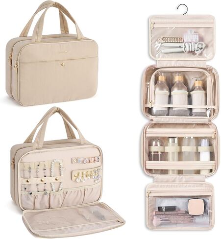 Hanke Hanging Travel Toiletry Bag for Women with Jewelry Organizer Compartment, Travel Essentials Toiletries and Makeup Bag, Water-Resistant & Stain-Resistant with Trolley Strap (Apricot) in Saudi Arabia