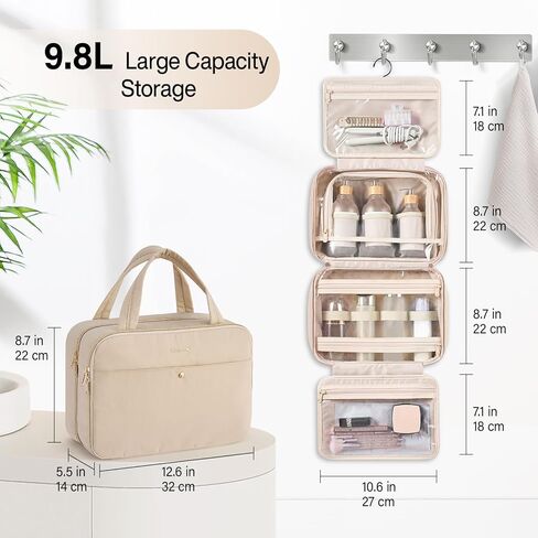 Hanke Hanging Travel Toiletry Bag for Women with Jewelry Organizer Compartment, Travel Essentials Toiletries and Makeup Bag, Water-Resistant & Stain-Resistant with Trolley Strap (Apricot) in Saudi Arabia