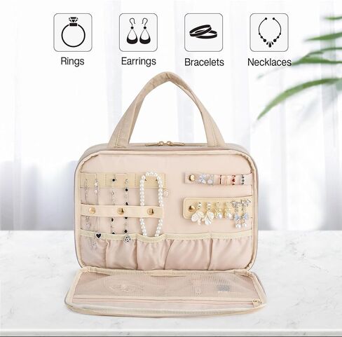 Hanke Hanging Travel Toiletry Bag for Women with Jewelry Organizer Compartment, Travel Essentials Toiletries and Makeup Bag, Water-Resistant & Stain-Resistant with Trolley Strap (Apricot) in Saudi Arabia