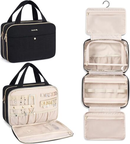 حقيبة أدوات الزينة للسفر المعلقة للنساء من هانكي مع حجرة لتنظيم المجوهرات، ومستلزمات السفر الأساسية وحقيبة المكياج، مقاومة للماء والبقع مع حزام عربة (مشمش) in Kuwait