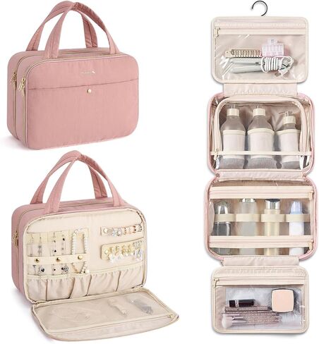 Hanke Hanging Travel Toiletry Bag for Women with Jewelry Organizer Compartment, Travel Essentials Toiletries and Makeup Bag, Water-Resistant & Stain-Resistant with Trolley Strap (Apricot) in Saudi Arabia
