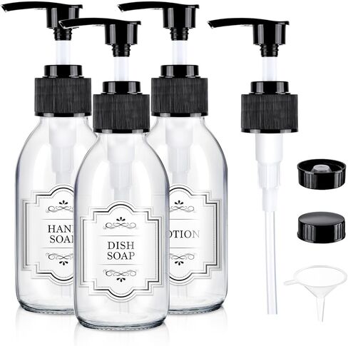 4 oz Amber Glass Pump Bottle, 125ml Small Lotion Dispenser Bottle for Body Massage Oil, Refillable Empty Hand and Dish Soap Dispensers Set with Storage Caps, Labels - 3 Pack in Saudi Arabia