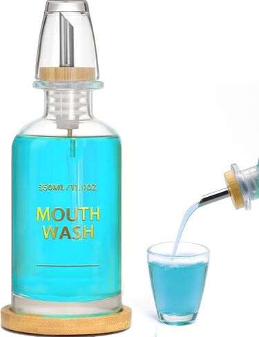 Mouthwash Dispenser for Bathroom 11.8oz – Glass Mouthwash Bottle with Cup & Bamboo Tray, Gold Hot-Stamped Lettering, Silicone Base, Modern Bathroom Accessory (Black) in Saudi Arabia
