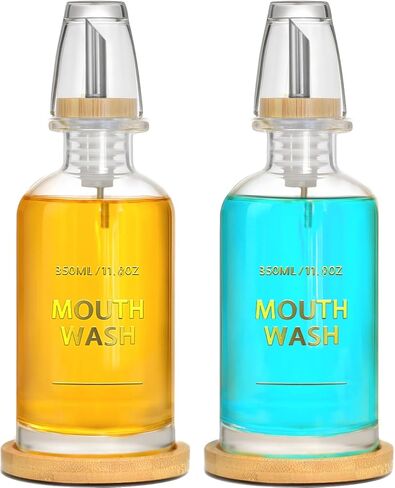 Mouthwash Dispenser for Bathroom 11.8oz – Glass Mouthwash Bottle with Cup & Bamboo Tray, Gold Hot-Stamped Lettering, Silicone Base, Modern Bathroom Accessory (Black) in Saudi Arabia
