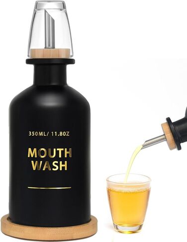 Mouthwash Dispenser for Bathroom 11.8oz – Glass Mouthwash Bottle with Cup & Bamboo Tray, Gold Hot-Stamped Lettering, Silicone Base, Modern Bathroom Accessory (Black) in Saudi Arabia