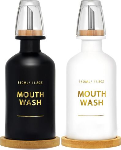 Mouthwash Dispenser for Bathroom 11.8oz – Glass Mouthwash Bottle with Cup & Bamboo Tray, Gold Hot-Stamped Lettering, Silicone Base, Modern Bathroom Accessory (Black) in Saudi Arabia