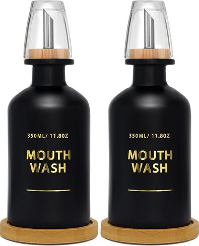 Mouthwash Dispenser for Bathroom 11.8oz – Glass Mouthwash Bottle with Cup & Bamboo Tray, Gold Hot-Stamped Lettering, Silicone Base, Modern Bathroom Accessory (Black) in Saudi Arabia