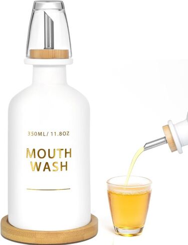 Mouthwash Dispenser for Bathroom 11.8oz – Glass Mouthwash Bottle with Cup & Bamboo Tray, Gold Hot-Stamped Lettering, Silicone Base, Modern Bathroom Accessory (Black) in Saudi Arabia