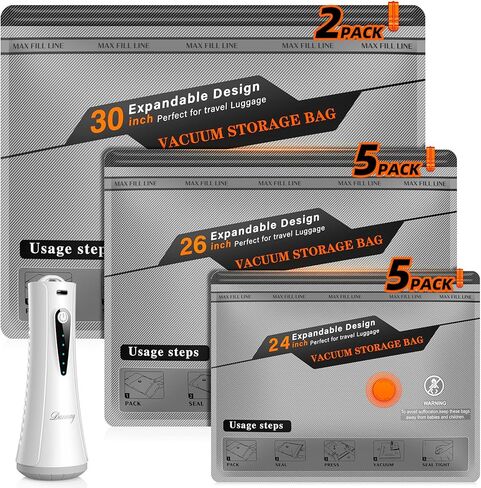 أكياس تخزين مفرغة للسفر مع مضخة هواء قابلة لإعادة الشحن، 12 حقيبة موفرة للمساحة للملابس والأمتعة وحقائب السفر، حل تخزين فعال ومحمول لأساسيات السفر in Kuwait