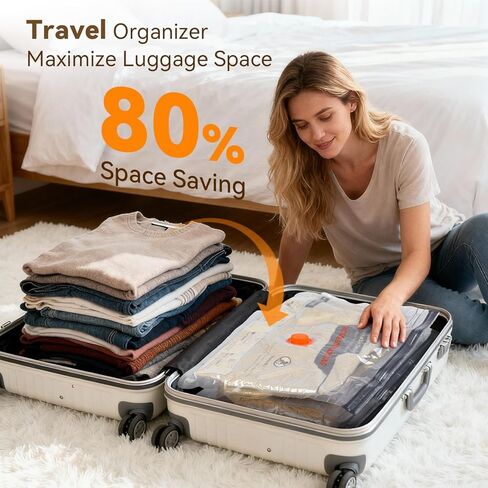 أكياس تخزين مفرغة للسفر مع مضخة هواء قابلة لإعادة الشحن، 12 حقيبة موفرة للمساحة للملابس والأمتعة وحقائب السفر، حل تخزين فعال ومحمول لأساسيات السفر in Kuwait