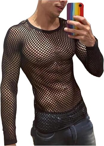 تي شيرت رجالي من Milumia بشبكة صيد السمك وأكمام طويلة وفتحة رقبة دائرية شفافة من خلال قمصان الحفلات الهذيان in Kuwait
